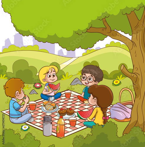 Picnic at the lake. Vector illustration of a group of children having a picnic in the park.