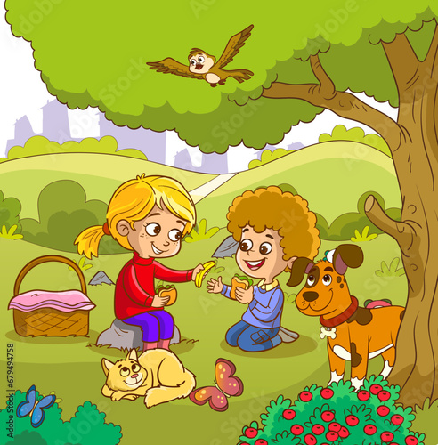 Picnic at the lake. Vector illustration of a group of children having a picnic in the park.