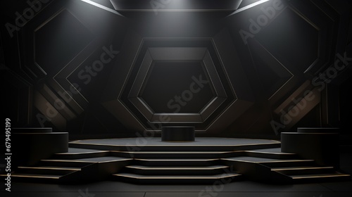 A 3D black geometric stage podium with a dark background that is used for a political rally or protest. © Aina Tahir