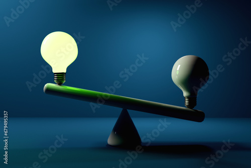 Two lightbulbs on a seesaw - 3D render photo