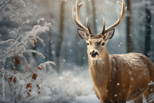 proud deer with big antlers in a snowy forest