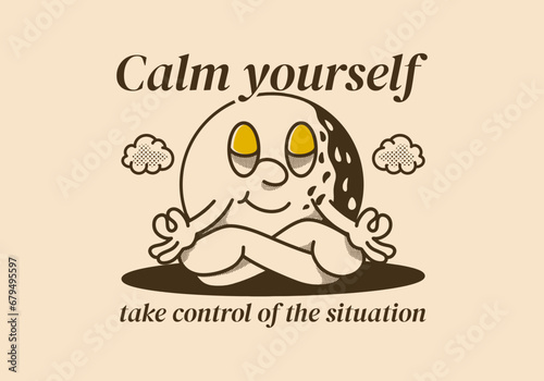 Calm yourself, take control of the situation. Mascot character of golf ball in meditation pose