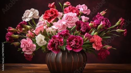Bouquet of carnations in ceramic pot. Generative AI photo