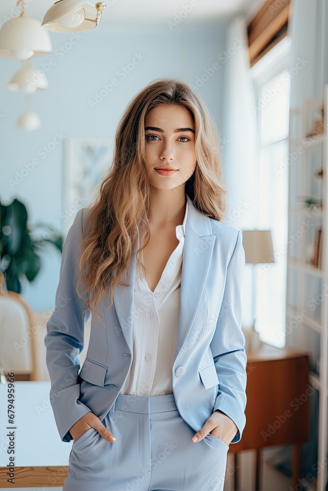 young female entrepeneur wearing a light blue business suit standing in her office young female entrepeneur wearing a light blue business suit standing in her office