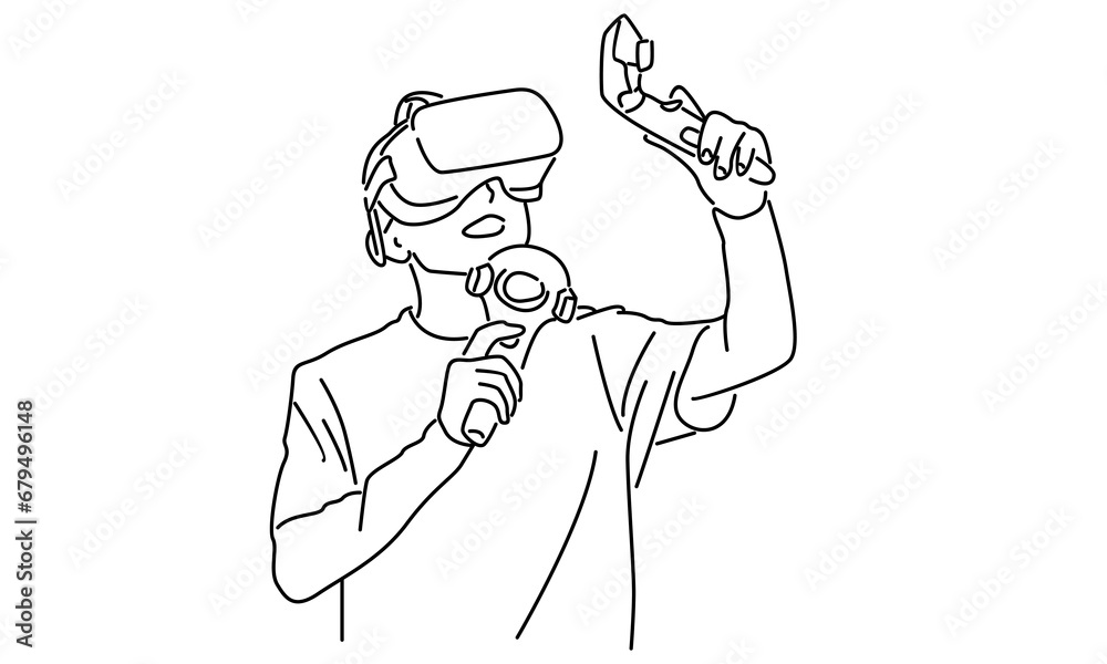 Obraz premium line art of man in glasses device virtual reality