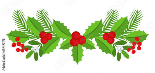 Christmas floral border. Spruce evergreen branch, poinsettia and holly berry