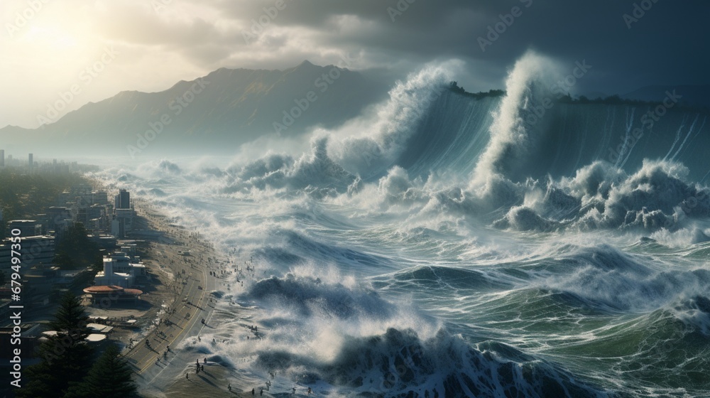 Fototapeta premium A digital island community depends on to forecast and manage tsunamis, safeguarding residents and structures