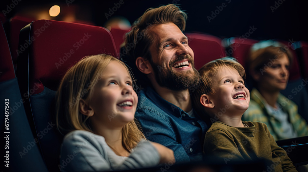 Joyful family in the cinema watching an exciting movie