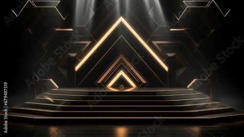 A 3D black geometric stage podium with a dark background that is complex and intricate.