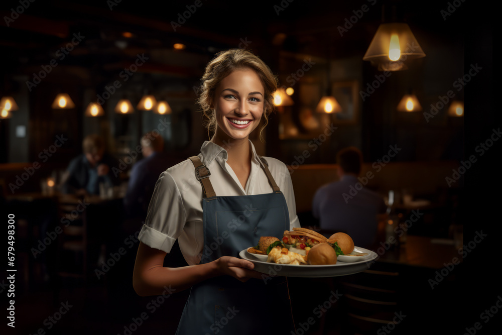A smiling hostess holding a tray of food, depicted in the style of lively tavern scenes, featuring layers and lines, smilecore aesthetics, soft-focus portraits
