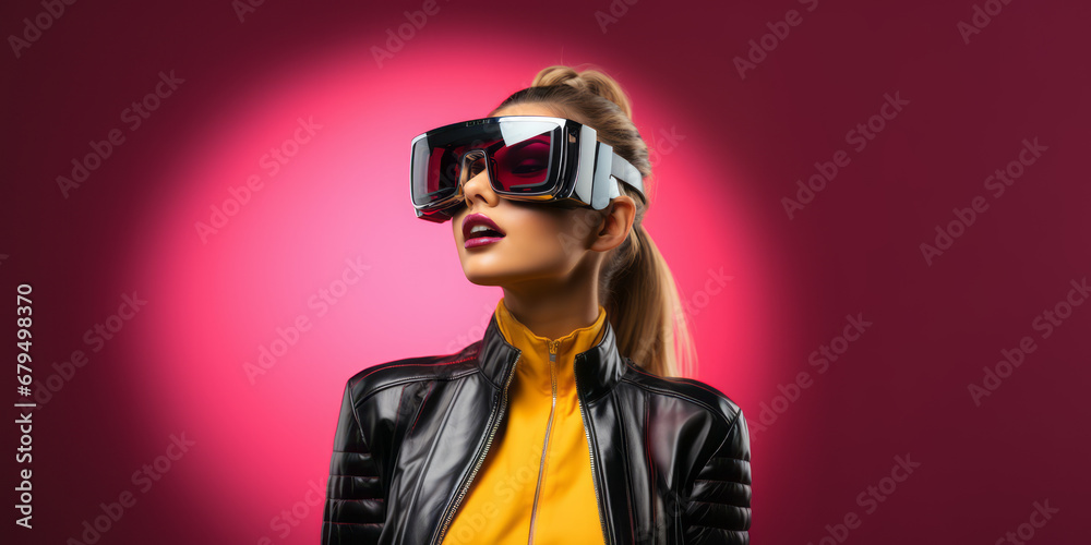 A woman wearing virtual reality glasses in a picture with a light pink background, portrayed in the style of magenta and amber tones. A woman wearing virtual reality glasses in a picture with a light pink background, portrayed in the style of magenta and amber tones.