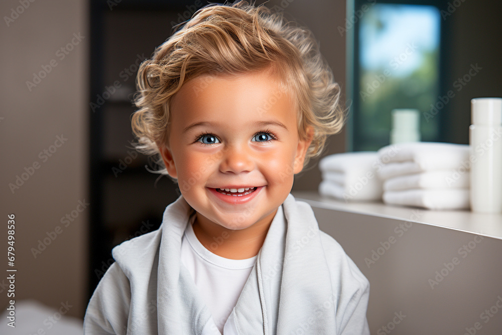 portrait of a smiling little child in a bathroom after a shower portrait of a smiling little child in a bathroom after a shower