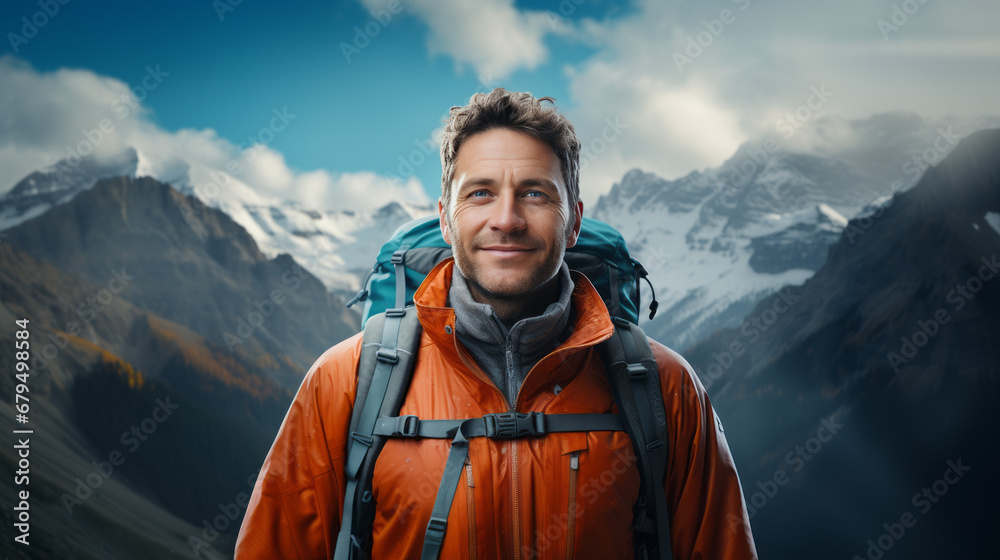 A hiker on a mountain, gazing at the landscape before him in nostalgic tones with tilt-shift effects.