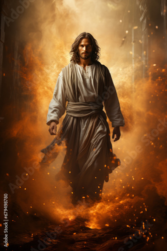 Jesus walking through a door, presented in the style of dusty piles, official art, and luminous shadows, conveying a symbolic and spiritual atmosphere.