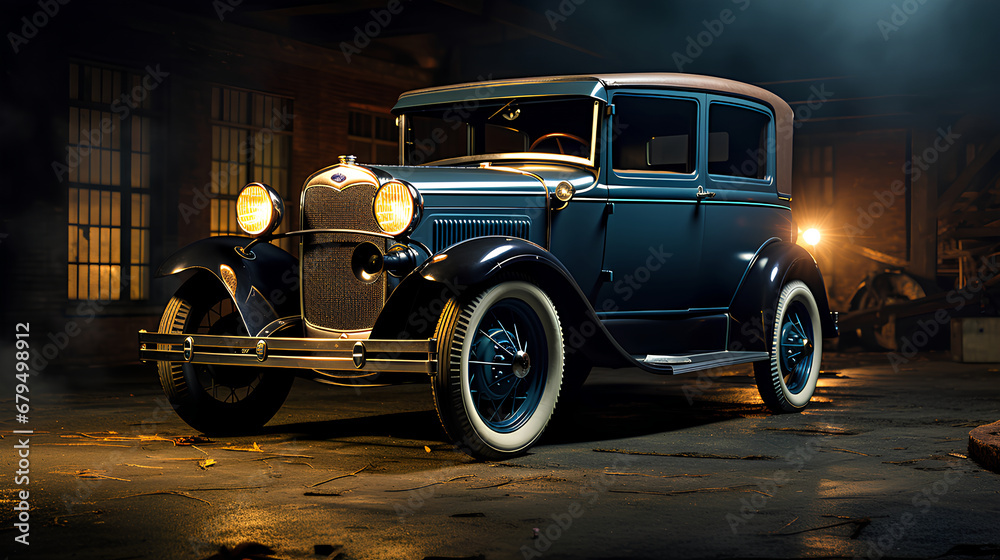 1931 Ford Model on the street, a cinematic shot, low front angle, full view of the car, highly detailed, sharp focus, cinematic lighting.