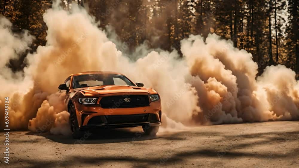 sports car smoke fire blast on forest