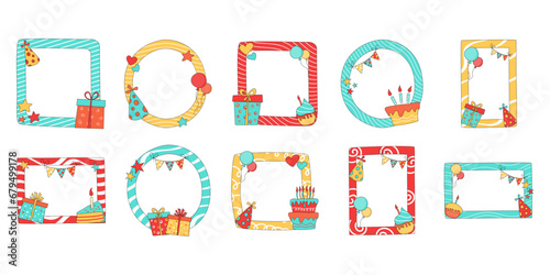 Birthday photo frame. Empty photo frame for birthday celebration. Vector illustration.