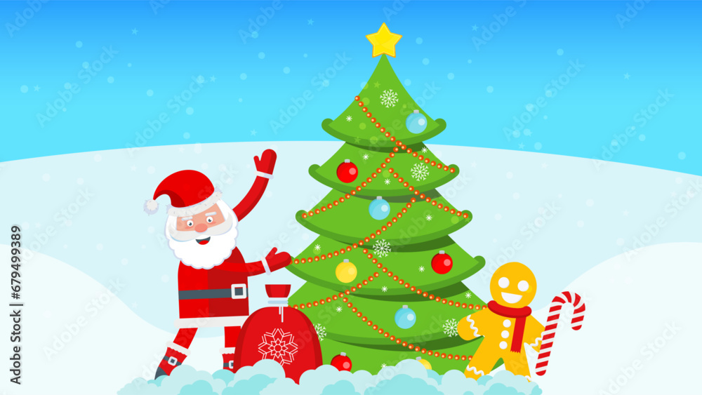 Cute Santa Claus, gingerbread man and xmas tree. Cute Santa Claus, gingerbread man and xmas tree.