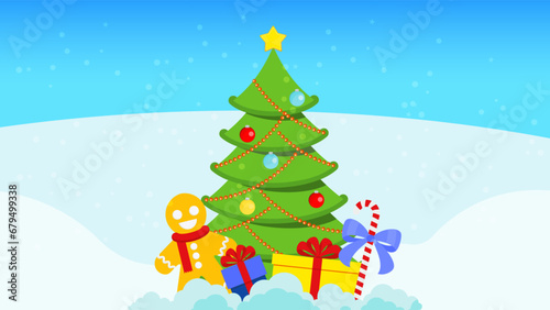 Cute gingerbread man with gift boxes and xmas tree.