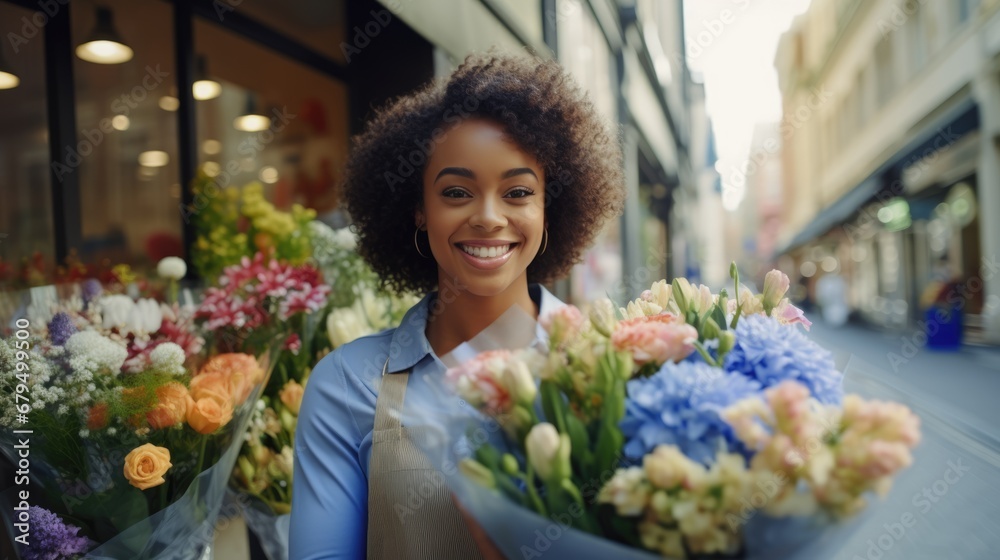 Smiling flowers shop worker looking at camera holding decoration of beautiful floral blossom bouquet from customer order, small business owner female happy working in store summer day, retail sale