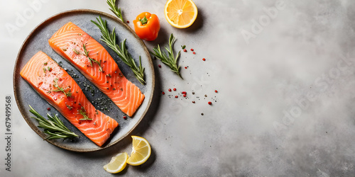 Fresh salmon pieces, pepper, rosemary leaves on stone plate on dark background. photo