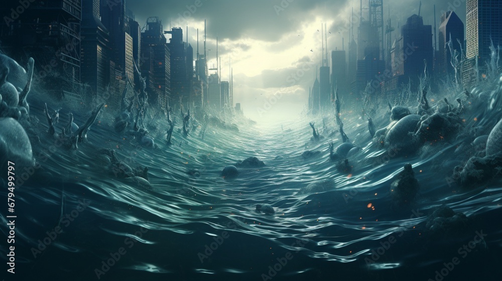 a fictional cityscape being submerged by a digital tsunami