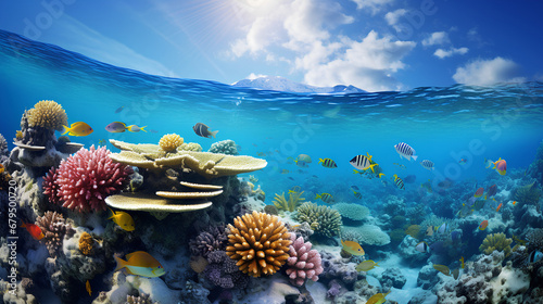 vibrant coral reef teeming with life beneath the crystal-clear waters