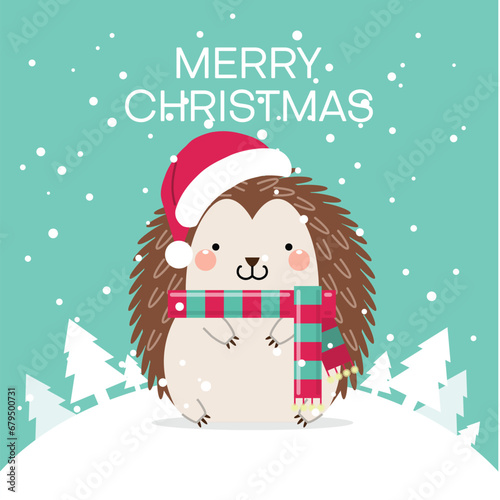 Cute cartoon hedgehog with Santa hat and scarf for Christmas and New year. Holiday banner, web poster, flyer, stylish brochure, greeting card, cover. Xmas background. Vector illustration.