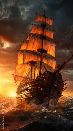 epic cinematic shot. pirate ship sailing on open sea. 
