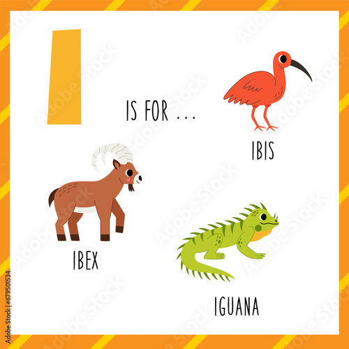 Learning English alphabet for kids. Letter I. Cute cartoon iguana ibis and ibex.