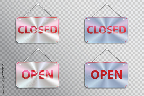 vector metallic foil hologram hanging shop door sign on transparent background
