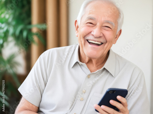 Smiling Elderly Man Embracing Smartphone for Learning New Technology Concept