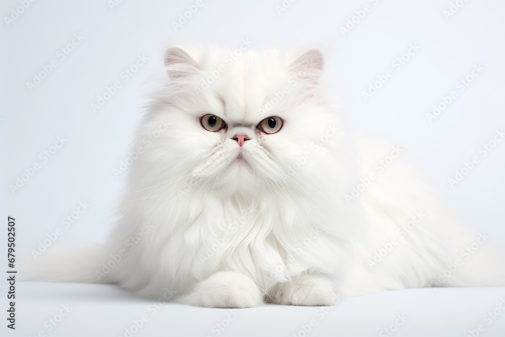 A fluffy white Persian cat in a relaxed pose on a white background. Generative AI