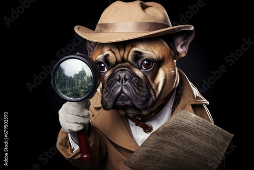 A French Bulldog as a detective, investigating clues with a magnifying glass on a white background photo