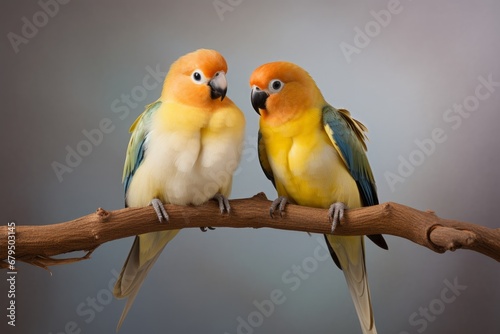 A pair of bonded lovebirds perched on a white branch in a studio setup. Generative AI © Aditya