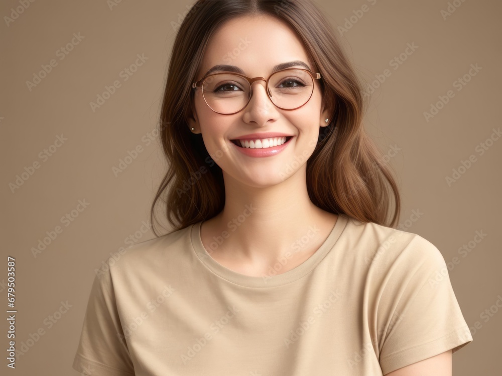 Fototapeta premium Smiling Woman in Glasses suitable for Facial, Dental, and Hair Care Advertorial
