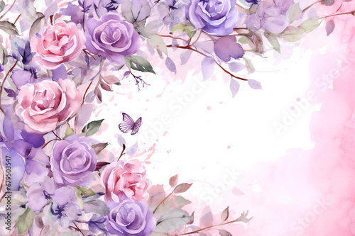 Valentine's Day Watercolor Bliss:Gentle Pink-Purple Website Background Featuring Watercolor Roses and Butterflies, Crafting an Enchanting Canvas Perfect for Expressing Love and Romance. Place for text