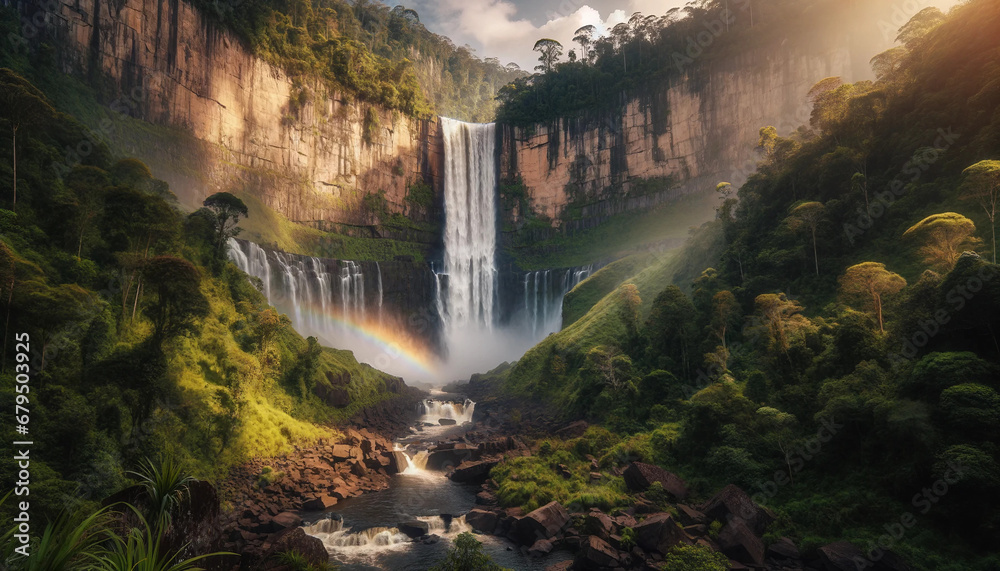 Fototapeta premium A majestic waterfall cascading down a rocky cliff, surrounded by lush greenery