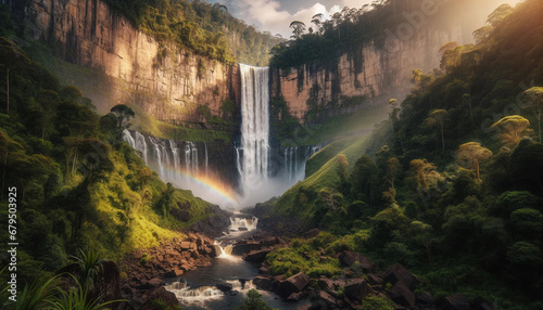 A majestic waterfall cascading down a rocky cliff  surrounded by lush greenery