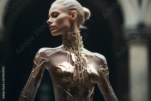 editorial fashion portrait, dancing abstract futuristic cyberpunk cyborg pope papal woman. generative AI photo