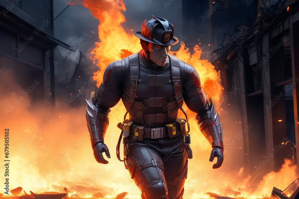 Naklejka premium fireman with extinguisher