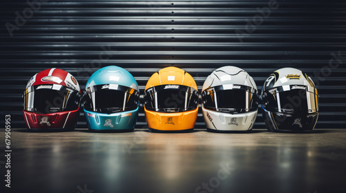 A group of racing helmets