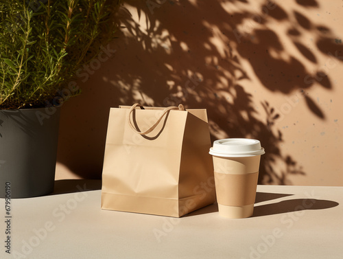 Empty shopping bag for branding witha coffee cup, kraft paper bag, logo poftfolio, With Generative AI technology
 photo