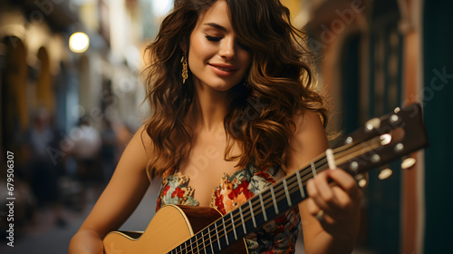 Mexican musician beautiful girl plays guitar, city fiesta. Spanish Heritage month, Hispanic and Latino Americans culture, tradition photo