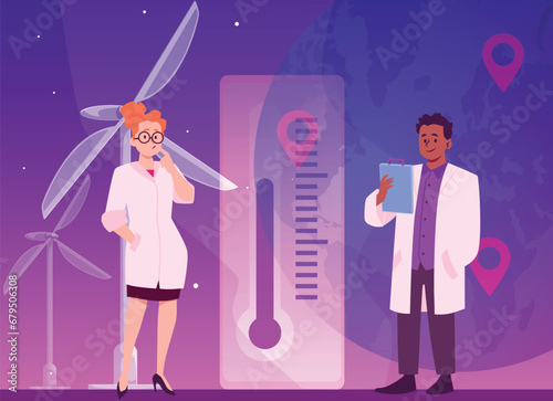 Man and woman in white coats meteorologists flat style