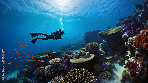 A coral reef, with diverse marine life and a scuba diver