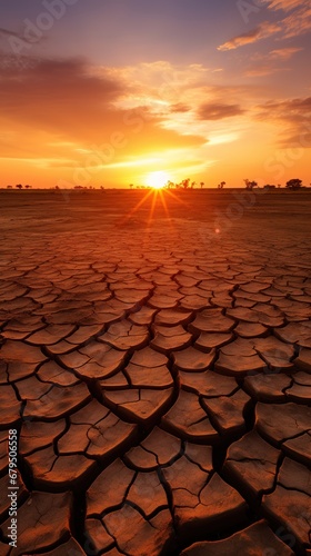 Stunning sunset over a dried out field. The golden sun casts a warm glow over the cracked earth, creating a dramatic and beautiful scene.