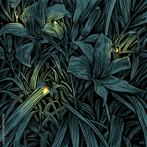 Firefiles bushes and flower