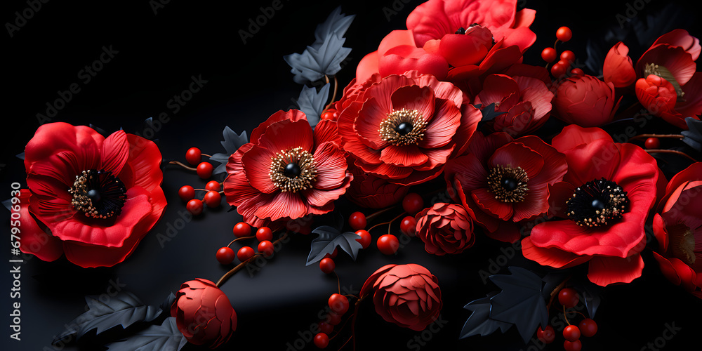 Red poppy flower on black background. Remembrance Day, Armistice Day, Anzac day symbol 