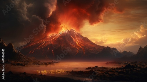 a volcanic eruption in a desolate  landscape